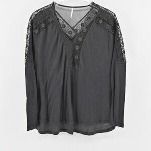 FREE PEOPLE Top Womens Size S Lola Long Sleeve Washed Black Lace Trim Raglan‎